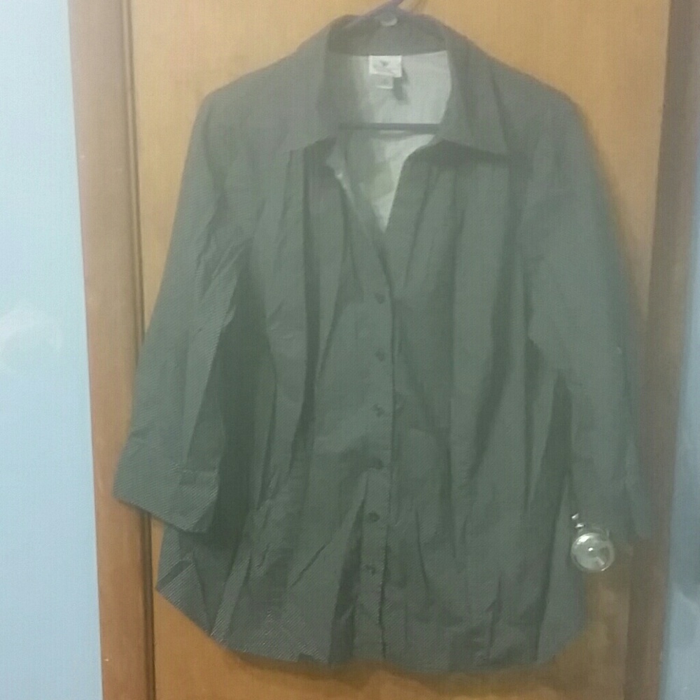 Dark blue and white tiny polka dot v-neck blouse